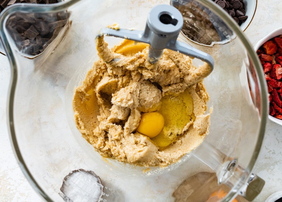 creamed butter, sugar, and eggs in mixing bowl with beater blade.