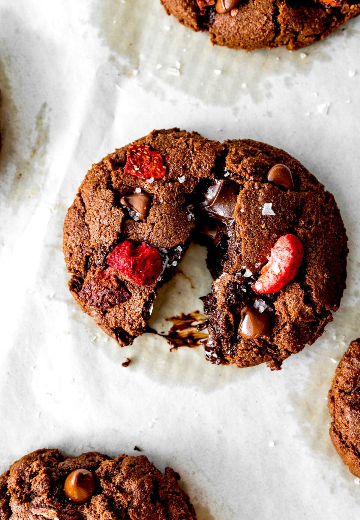 strawberry chocolate cookie broke in half.