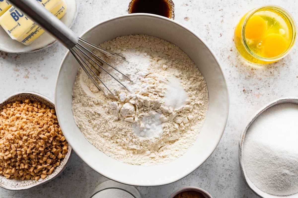 dry ingredients in mixing bowl with whisk.
