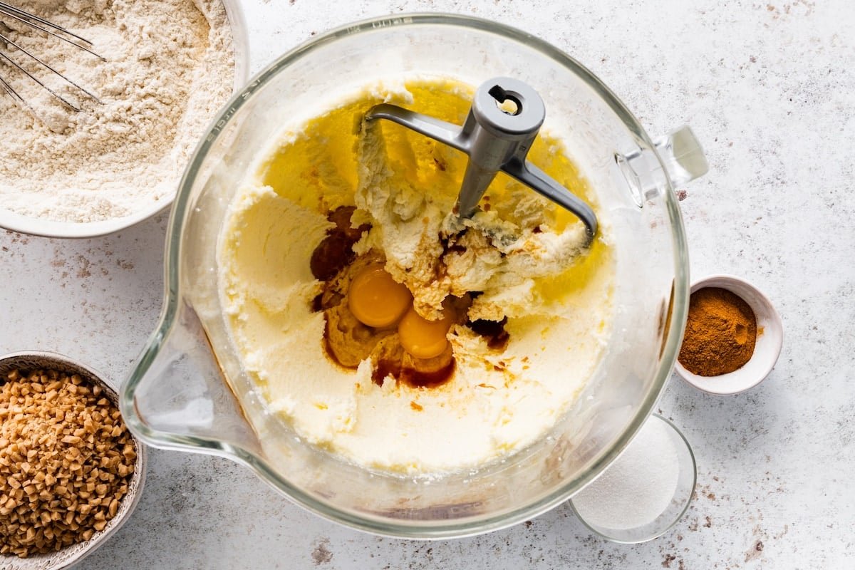 butter, sugar, eggs, and vanilla in mixing bowl with beater blade.
