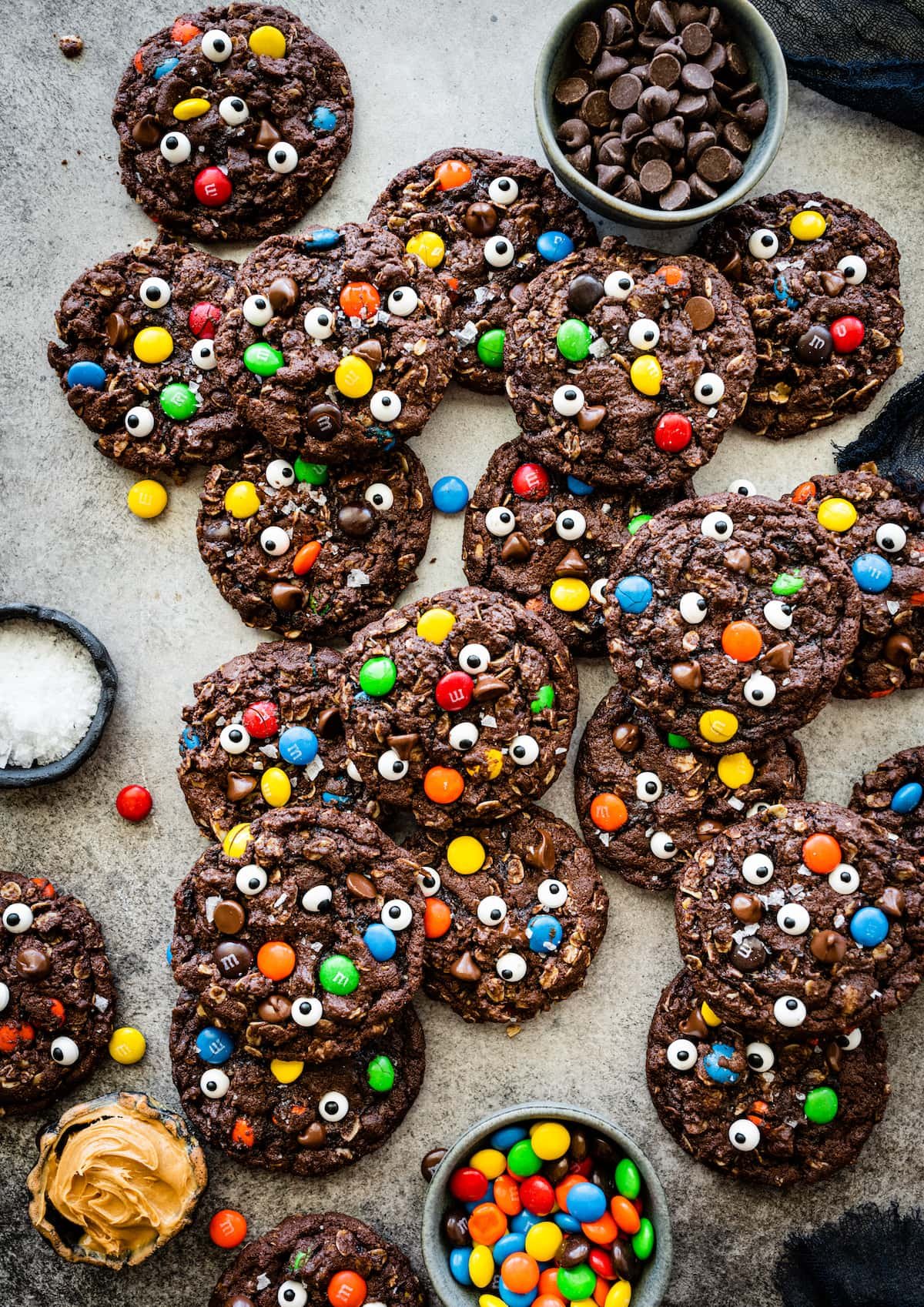 chocolate monster cookies with M&M's and candy eyes.
