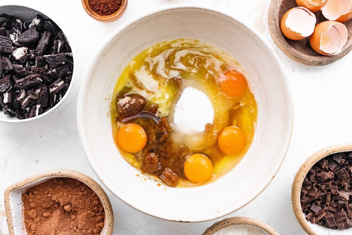 eggs and sugar in mixing bowl to make Oreo brownies.