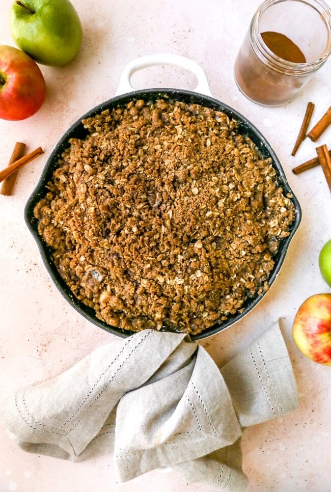 apple crumble in cast iron skillet.