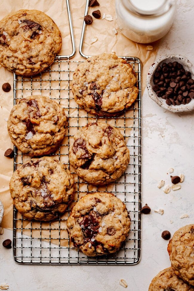 brown butter oatmeal chocolate chip cookies on cooling rack