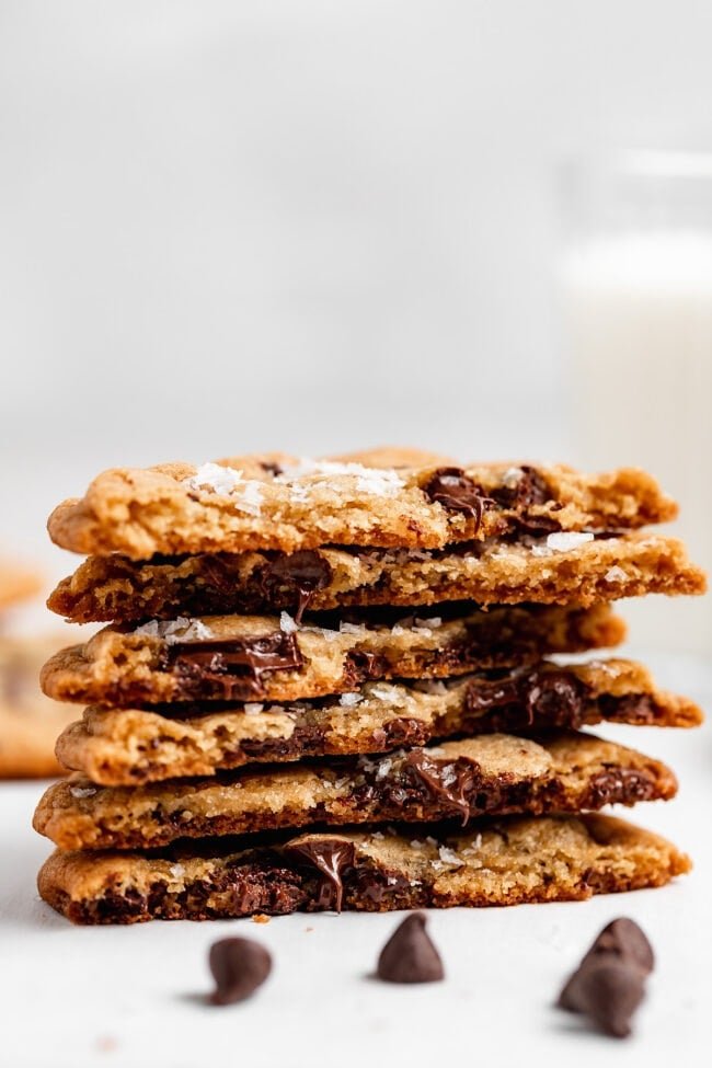 crispy chocolate chip cookies stacked