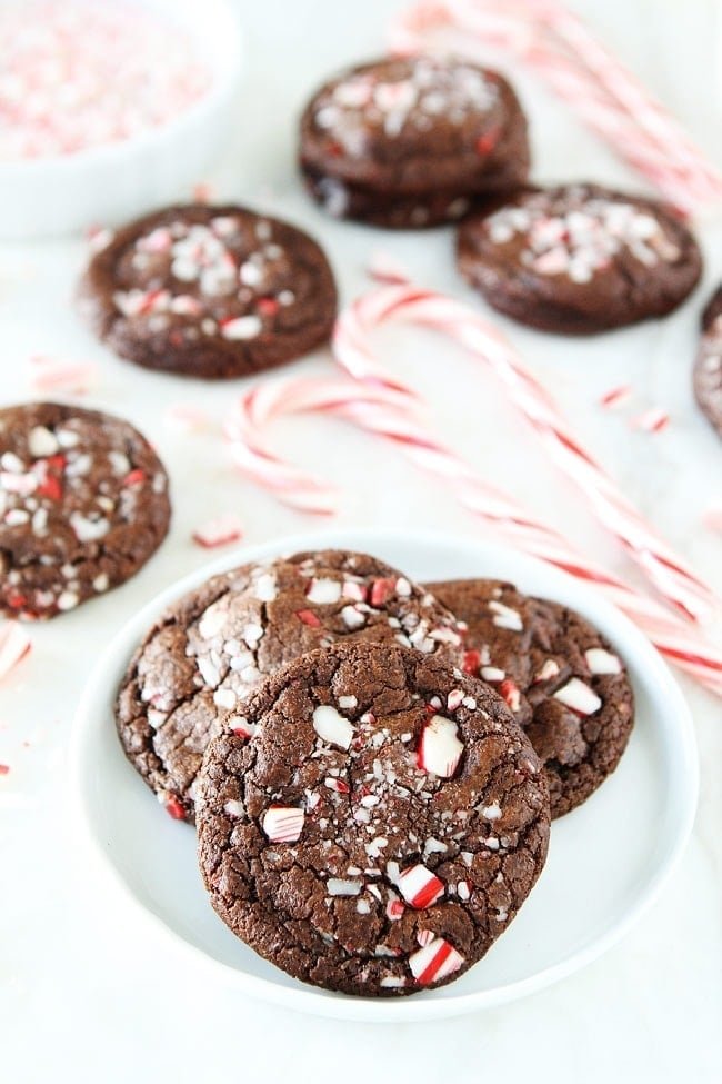 Chocolate Peppermint Crunch Cookie Recipe on twopeasandtheirpod.com Chocolate cookies with chocolate chips, peppermint crunch pieces, and candy cane pieces! These cookies are the PERFECT Christmas cookie! Chocolate Peppermint Crunch Cookies on plate.