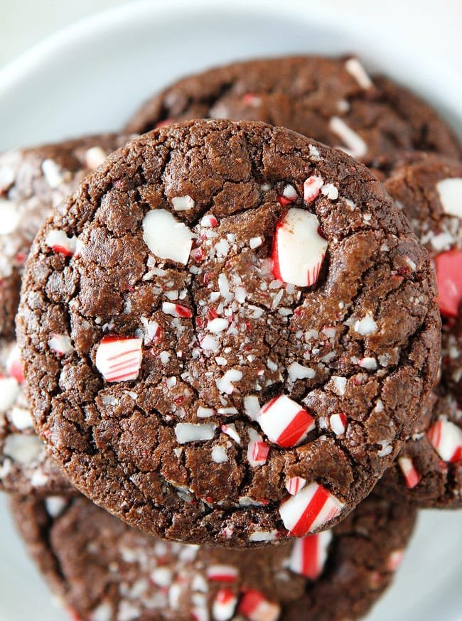 Chocolate Peppermint Crunch Cookie Recipe on twopeasandtheirpod.com Chocolate cookies with chocolate chips, peppermint crunch pieces, and candy cane pieces! These cookies are the PERFECT Christmas cookie! Chocolate Peppermint Crunch Cookie.