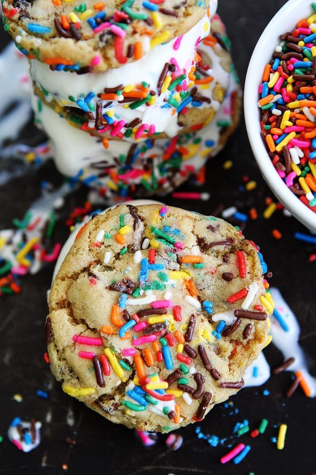 Sprinkle Chocolate Chip Cookie Ice Cream Sandwiches Recipe on twopeasandtheirpod.com Kids and adults love these easy and colorful ice cream sandwiches. Sprinkle Chocolate Chip Cookie Ice Cream Sandwiches Recipe