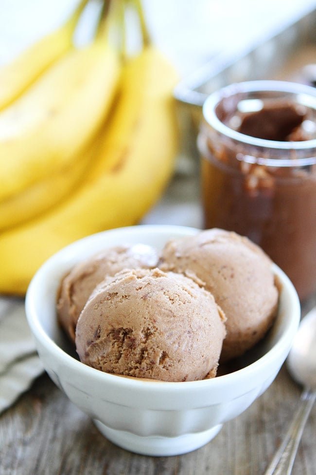 2-Ingredient Banana Nutella Ice Cream Recipe on twopeasandtheirpod.com You only need TWO ingredients to make this creamy and delicious ice cream! It is our favorite summer treat! 2-Ingredient Banana Nutella Ice Cream