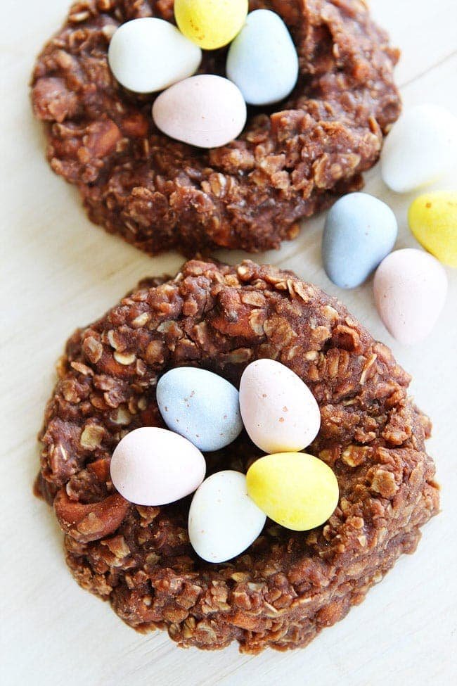 No-Bake Chocolate Peanut Butter Nest Cookies on twopeasandtheirpod.com These easy cookies look just like bird nests! They are the perfect treat for spring and Easter! No-Bake Chocolate Peanut Butter Nest Cookie Recipe