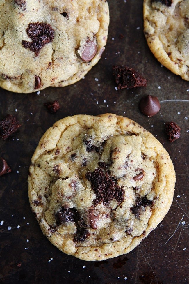 Chocolate Chip Brownie Cookies Recipe on twopeasandtheirpod.com Chocolate chip cookies with brownie chunks inside. Your favorite desserts in one treat! You have to try these cookies! Chocolate Chip Brownie Cookies Recipe