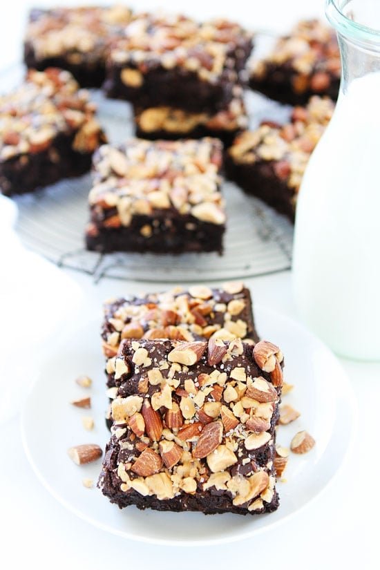 Almond Toffee Sea Salt Brownies on twopeasandtheirpod.com Rich, fudgy brownies with almonds, toffee, and a sprinkle of sea salt. We love these brownies! Almond Toffee Sea Salt Brownies