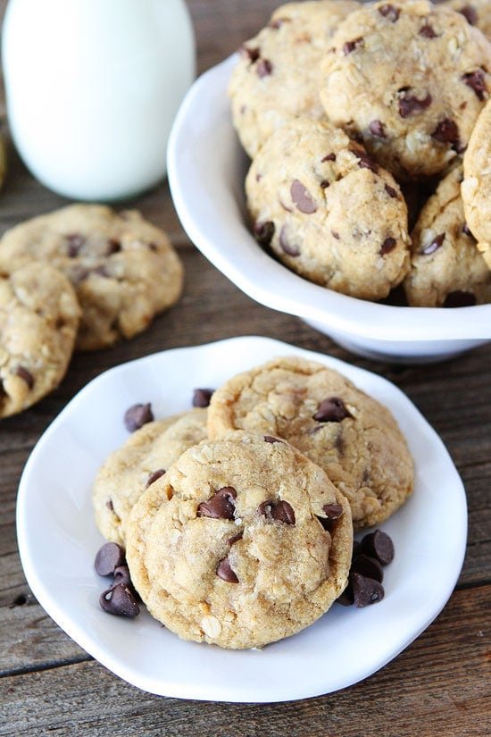 Whole Wheat Oatmeal Chocolate Chip Cookies on twopeasandtheirpod.com These cookies are made with whole wheat flour, coconut oil, and oats! These healthy cookies are a favorite! Everyone loves them! Whole Wheat Oatmeal Chocolate Chip Cookies made with Coconut Oil