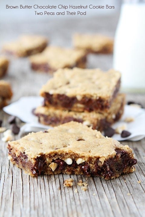Brown Butter Chocolate Chip Hazelnut Cookie Bar Recipe Brown Butter Chocolate Chip Hazelnut Cookie Bar Recipe on twopeasandtheirpod.com Cookie Bar Perfection!