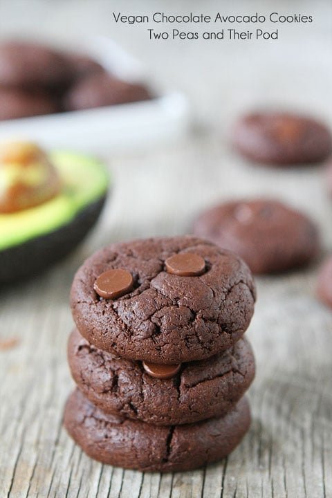 Vegan Chocolate Cookies on twopeasandtheirpod.com Rich, chocolaty, fudgy-you will never know these cookies are healthy! Rich, thick, easy Vegan cookies piled on top of one another