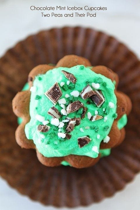 Chocolate Mint Icebox Cupcakes on www.twopeasandtheirpod.com Perfect for St. Patrick's Day! Chocolate-Mint-Icebox-Cupcakes-4