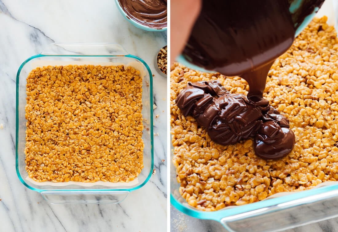 drizzling melted chocolate over crispy bars