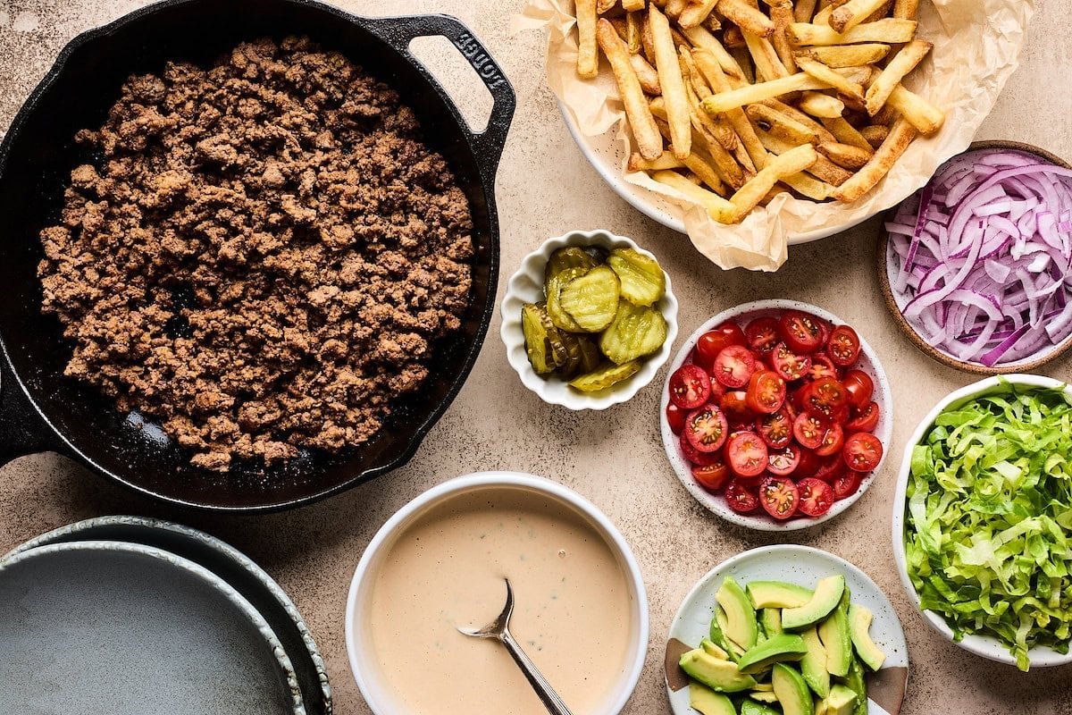ingredients to make burger bowls.