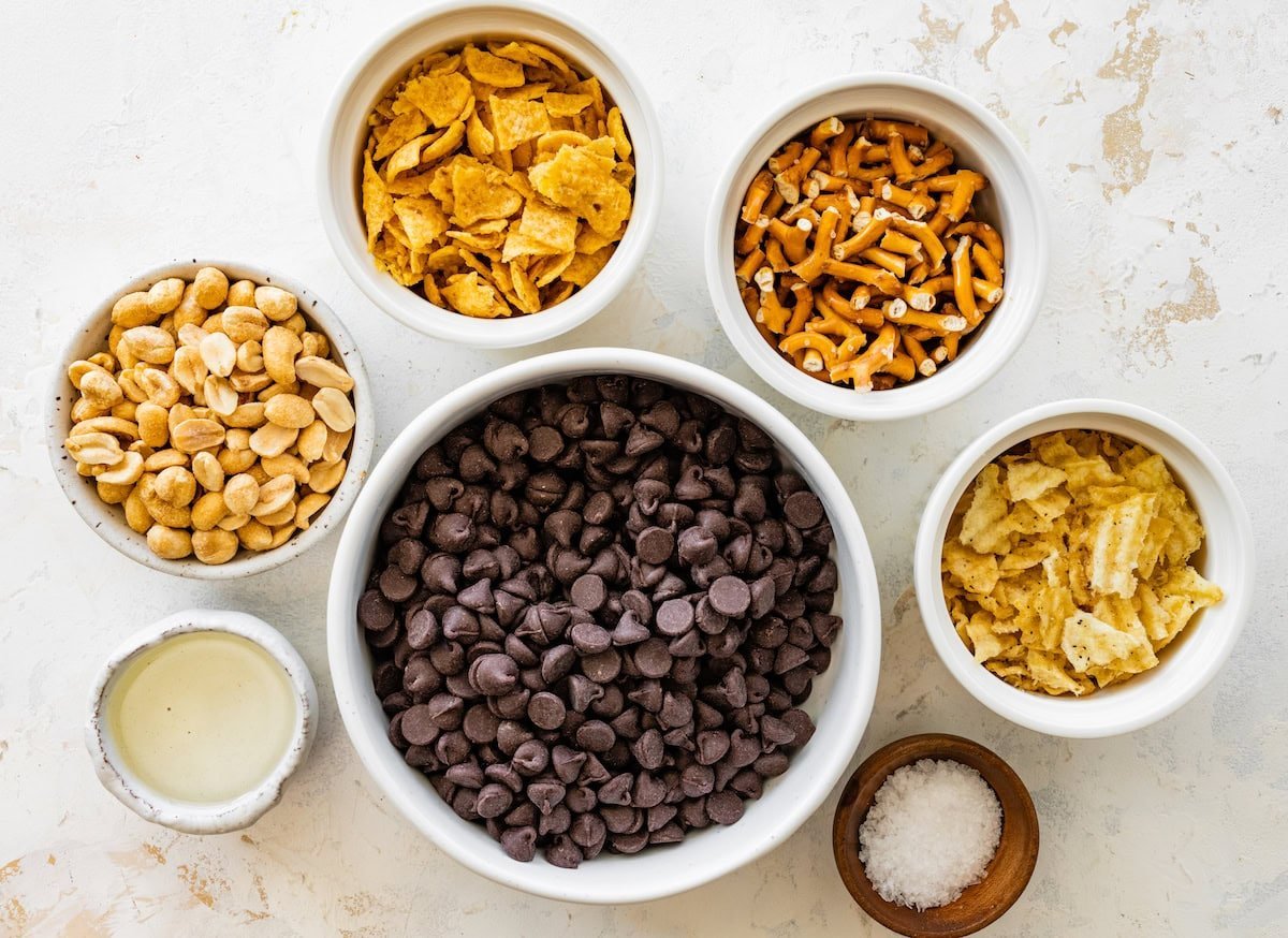 ingredients in bowls to make snacky clusters.