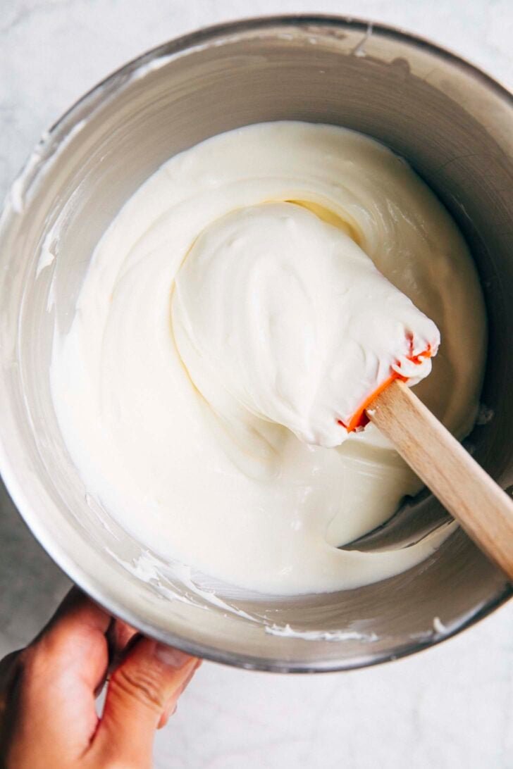 photo showing texture of chantilly cream cheese frosting before being whipped