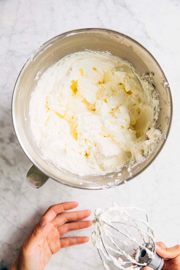 photo showing texture of chantilly cream cheese frosting after being whipped