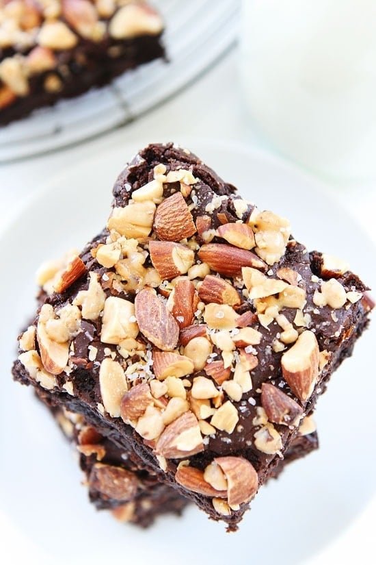 Almond Toffee Sea Salt Brownies on twopeasandtheirpod.com Rich, fudgy brownies with almonds, toffee, and a sprinkle of sea salt. These brownies are SO good! Almond Toffee Sea Salt Brownies