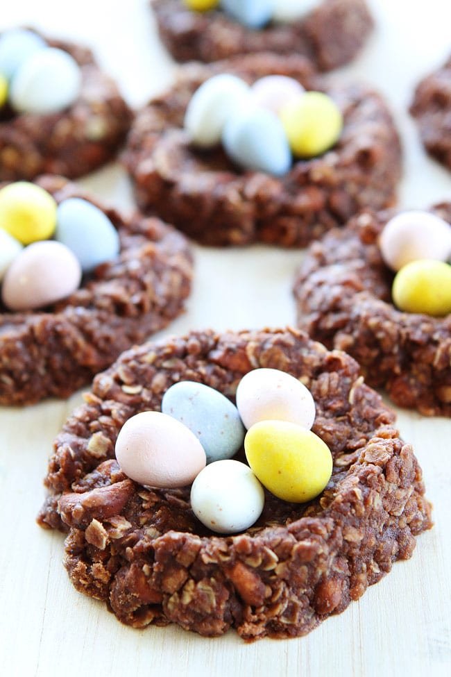 No-Bake Chocolate Peanut Butter Nest Cookies on twopeasandtheirpod.com These easy no-bake cookies are perfect for spring and Easter! No-Bake Chocolate Peanut Butter Nest Cookies