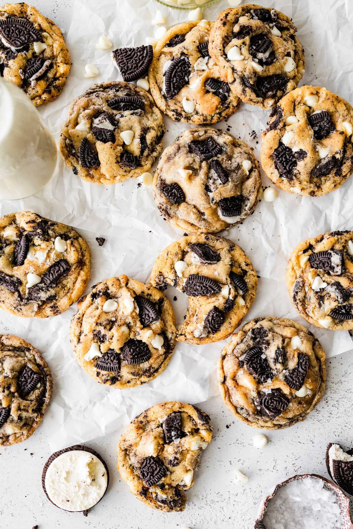 cookies and cream cookies on parchment paper.