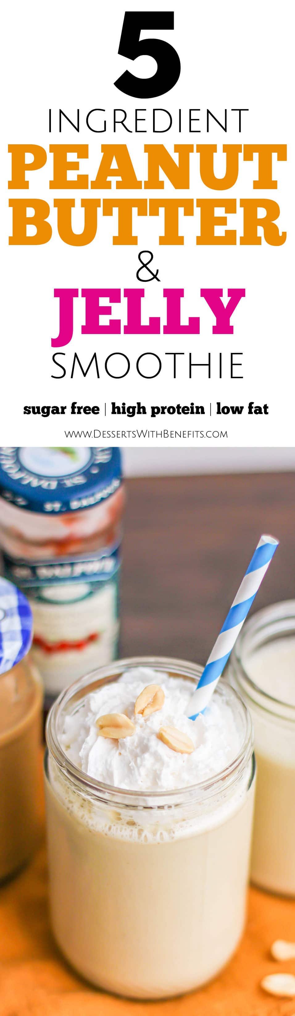 This sweet, rich and creamy Healthy Peanut Butter and Jelly Smoothie sure doesn't taste refined sugar free, low fat, high protein, high fiber, and gluten free in the slightest! -- Healthy Dessert Recipes at Desserts with Benefits