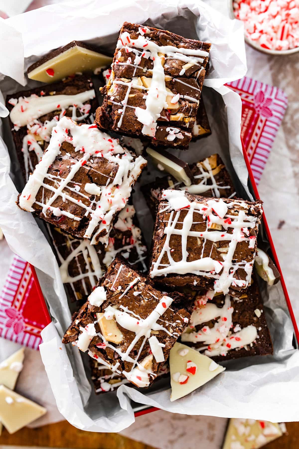peppermint bark brownies in tin.