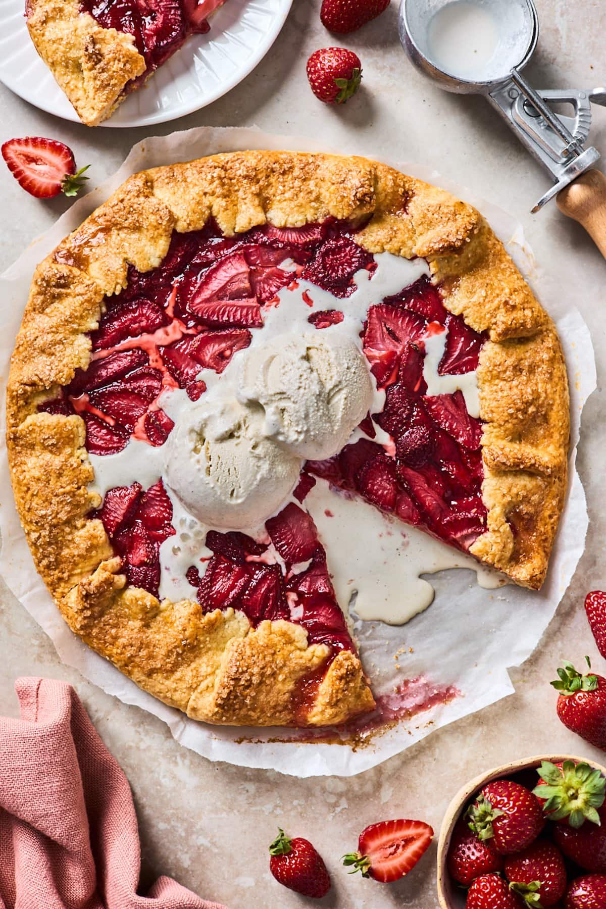 strawberry galette with vanilla ice cream.