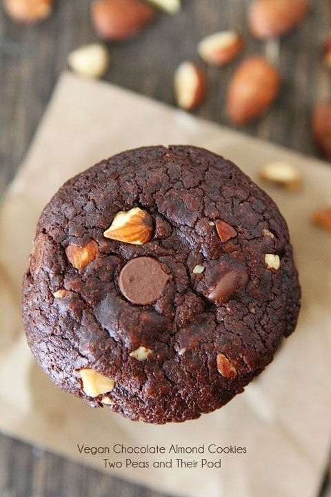Vegan Cookie Recipe Vegan Chocolate Almond Cookies Recipe on twopeasandtheirpod.com Rich and fudgy chocolate cookies with almonds and chocolate chips! #vegan #cookies #chocolate