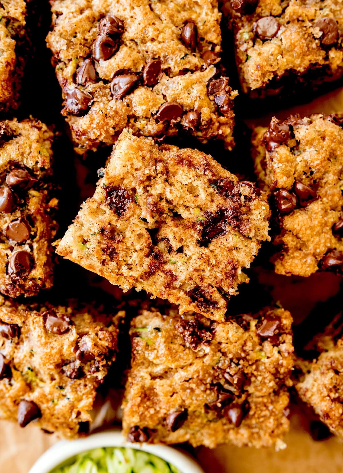 close up of zucchini cake with chocolate chips.