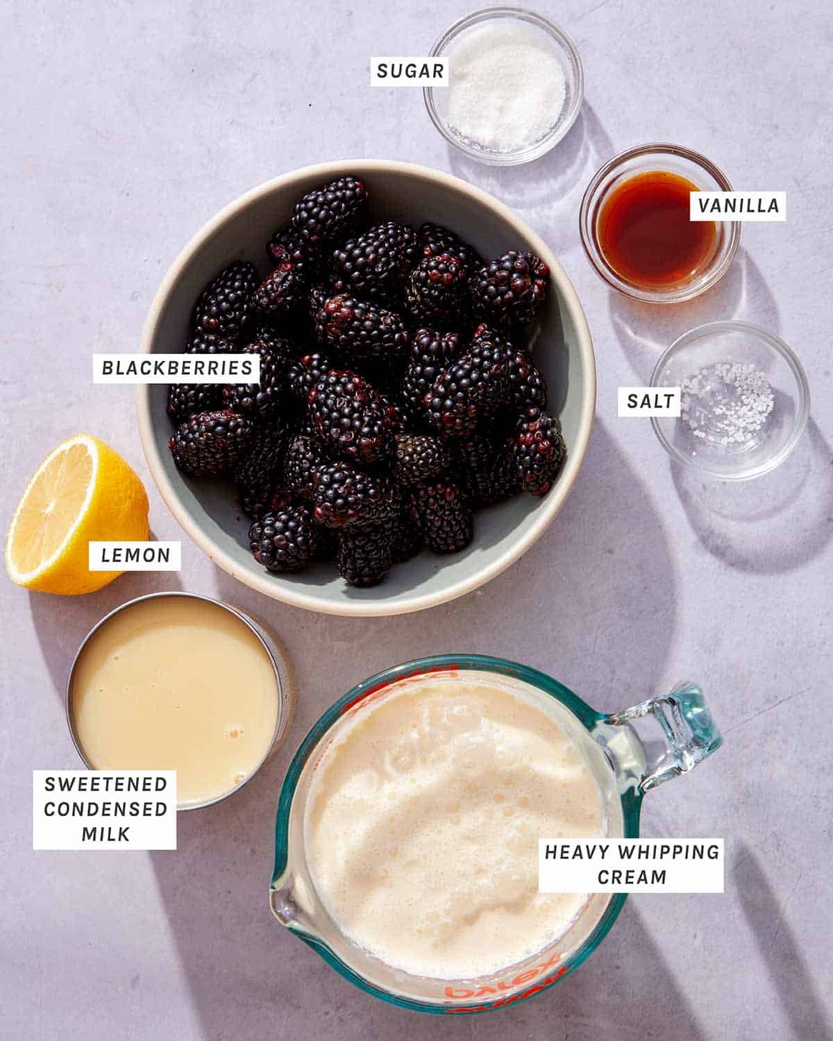 No churn ice cream ingredients on a kitchen counter. 