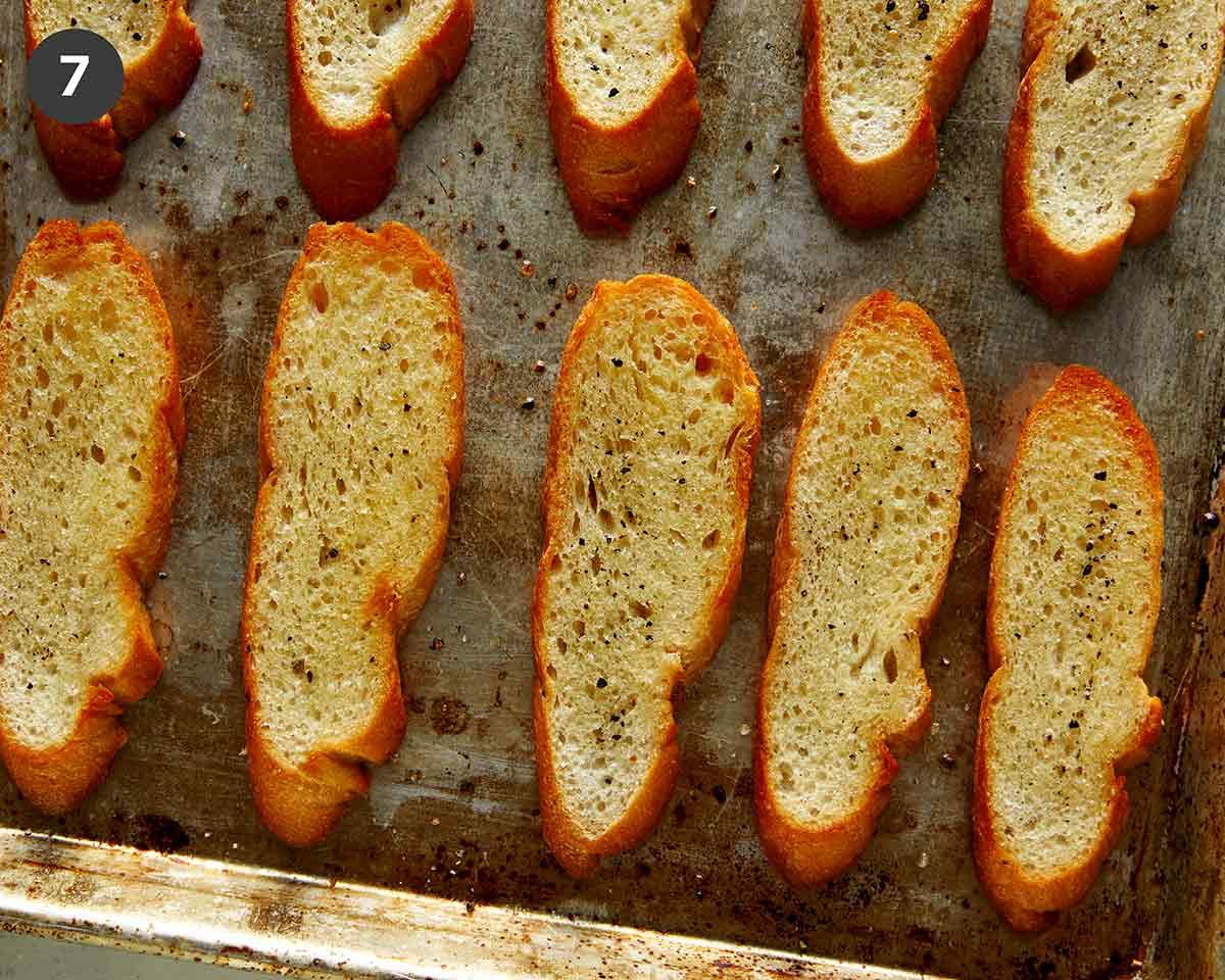 Toasted crostini to make bruschetta. 
