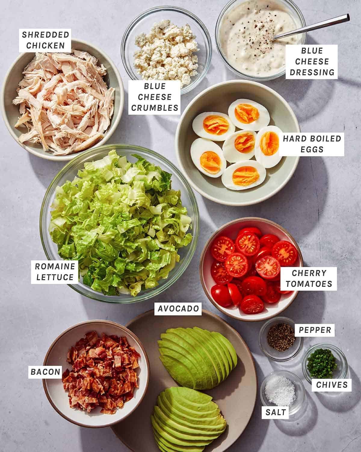 Ingredients to make a cobb salad.
