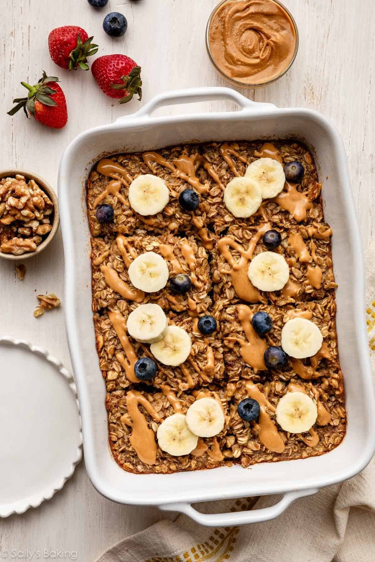 banana baked oatmeal in casserole dish.