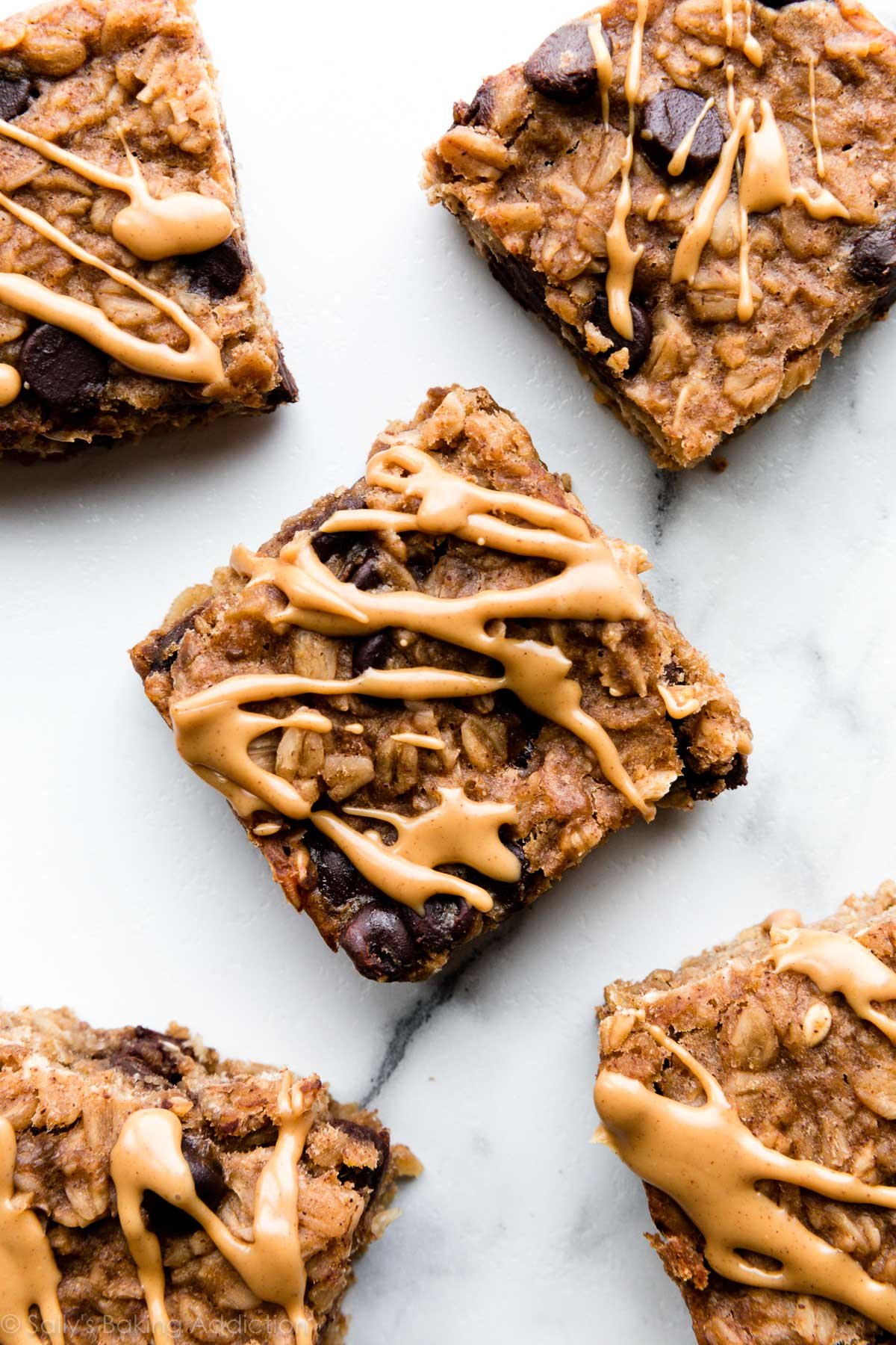 overhead image of peanut butter-topped banana oatmeal bars.