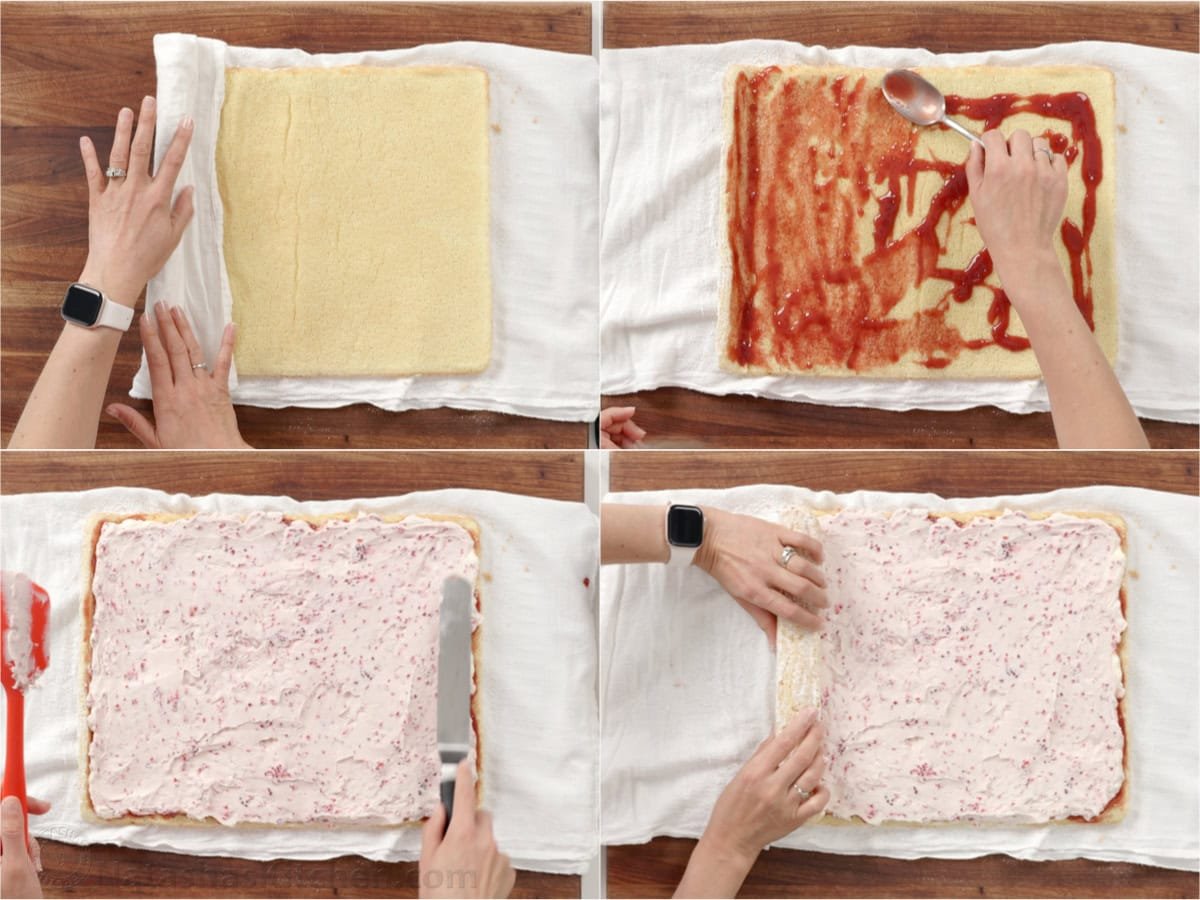 Raspberry Swiss Roll Cake wraps moist sponge cake around a sweet and creamy mascarpone filling. Sounds difficult, but it couldn't be easier! Step-by-step tutorial on how to make a roll cake recipe using raspberry syrup and cheese filling