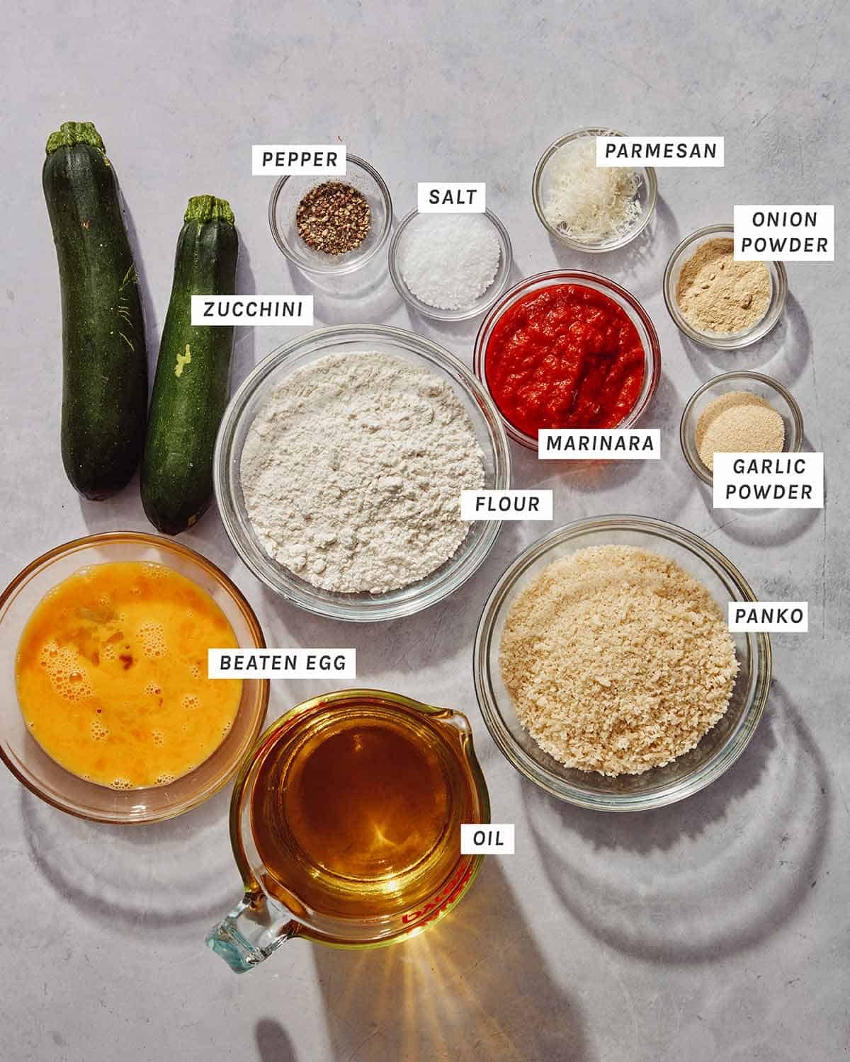 Ingredients to make fried zucchini all measured and laid out.