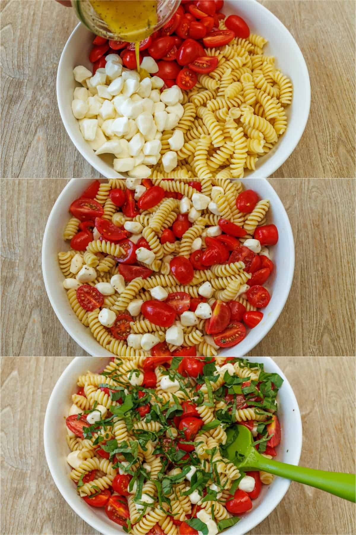 How to mix Italian Pasta Salad in a white bowl by adding dressing, mixing and adding herbs