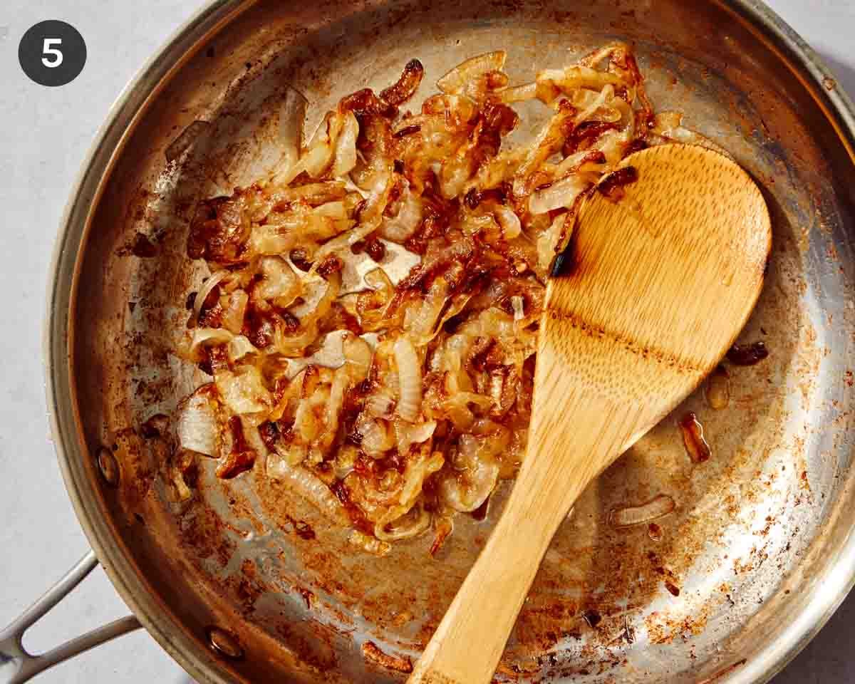 Caramelized onions in a skillet.