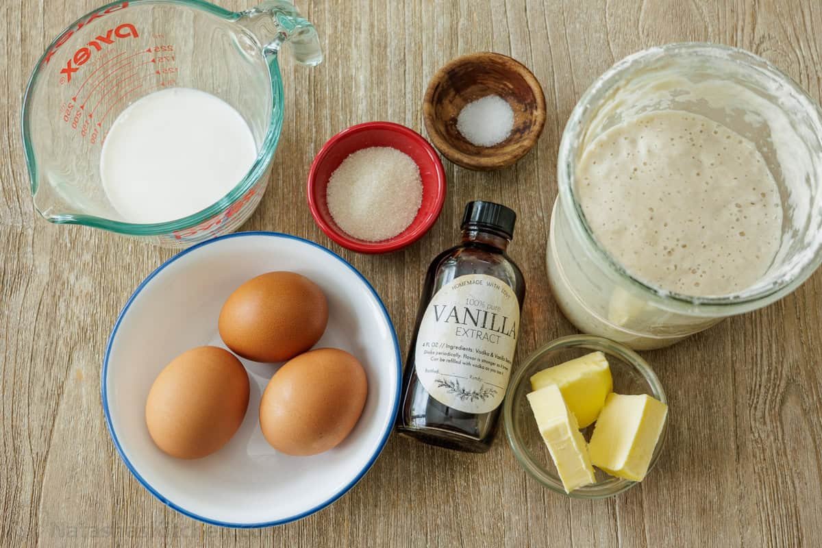 Ingredients for German Pancakes using discard, milk, eggs, sugar, salt, vanilla extract and butter