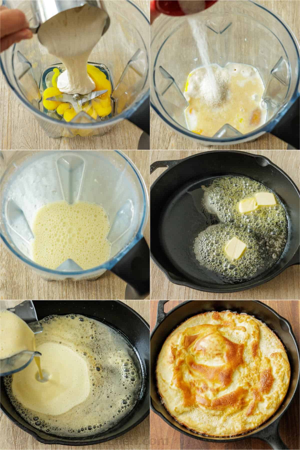 step-by-step photos of how to make a sourdough Dutch Baby pancake in the blender and oven