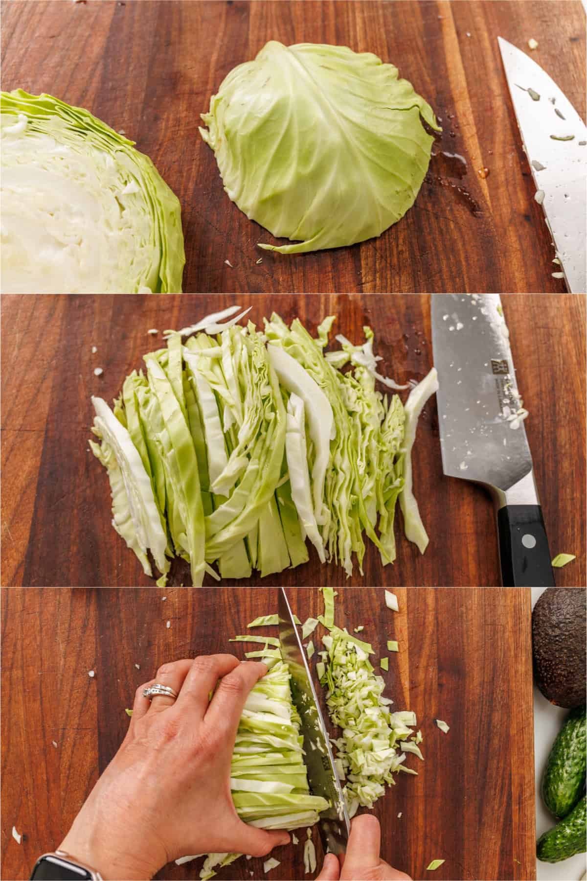 How to chop cabbage in photographs from a half of a head of cabbage to slicing ribbons and then chopping