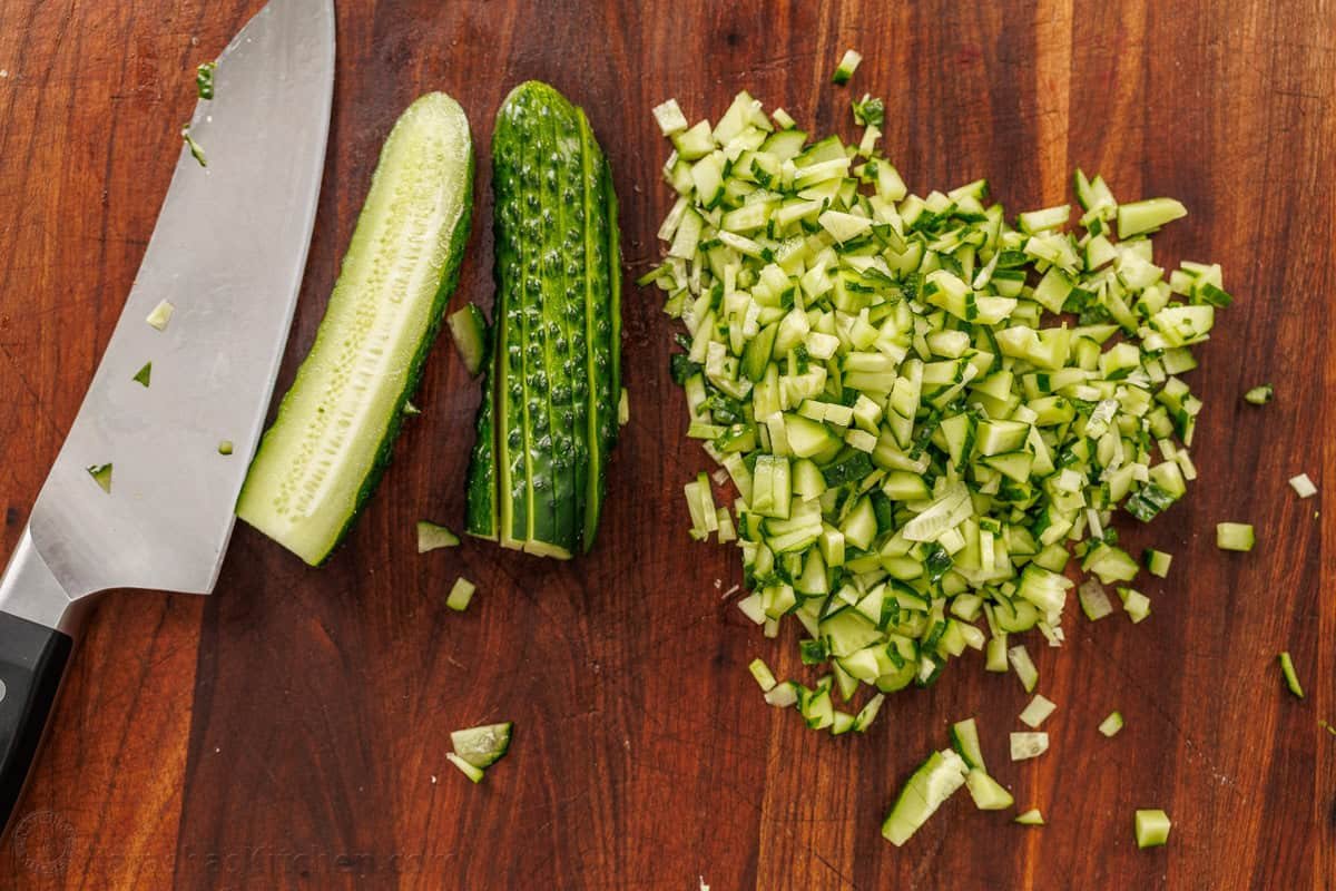 How to cut cucumber into confetti pieces using a large knife