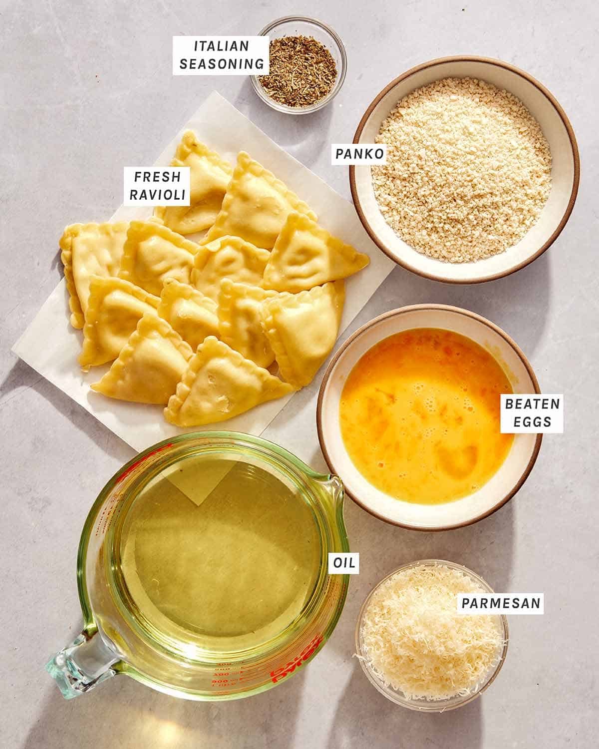 Ingredients to make toasted ravioli.