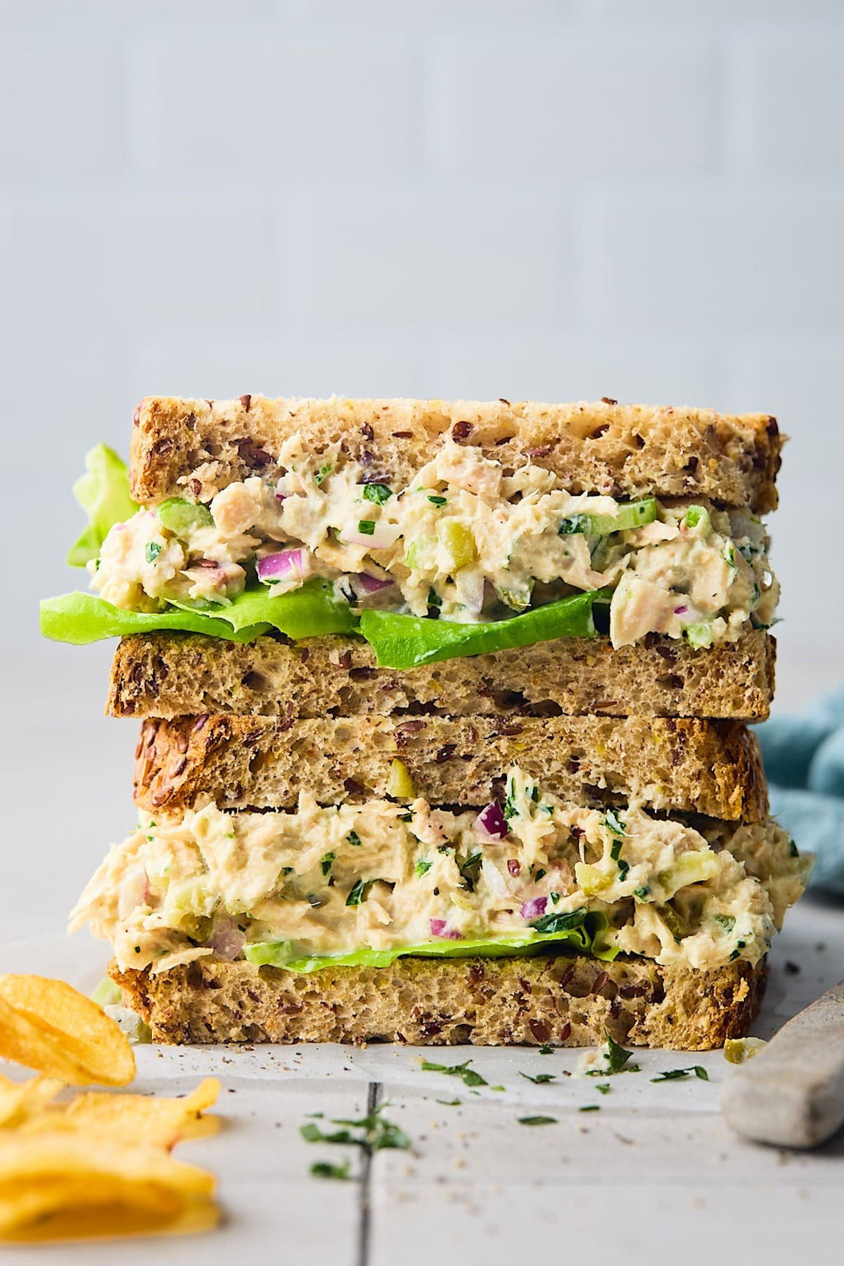 tuna salad sandwich stacked. 