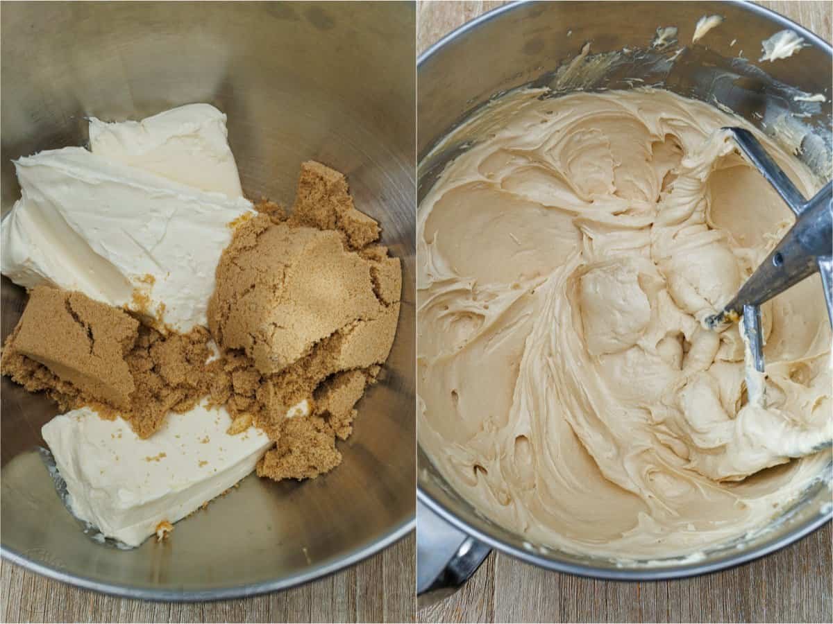 How to make pumpkin cheesecake batter using cream cheese and brown sugar in an stand mixer