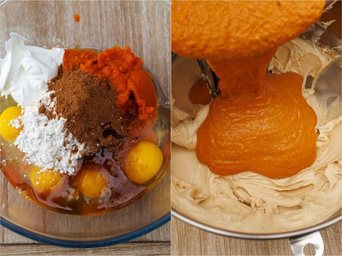 How to make pumpkin cheesecake filling by mixing eggs, spices, pumpkin and sour cream in a bowl and folding it into cheesecake mixture